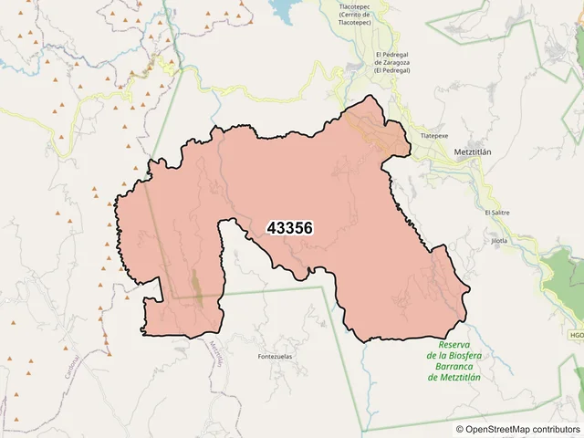 Mapa del código postal 43356, Metztitlán, Hidalgo
