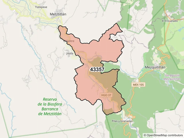 Mapa del código postal 43357, Metztitlán, Hidalgo
