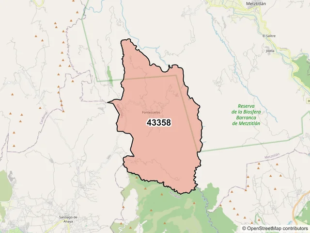 Mapa del código postal 43358, Metztitlán, Hidalgo