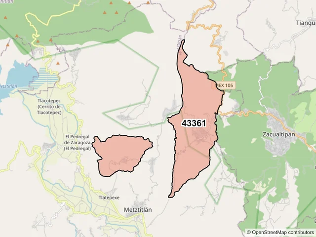 Mapa del código postal 43361, Metztitlán, Hidalgo