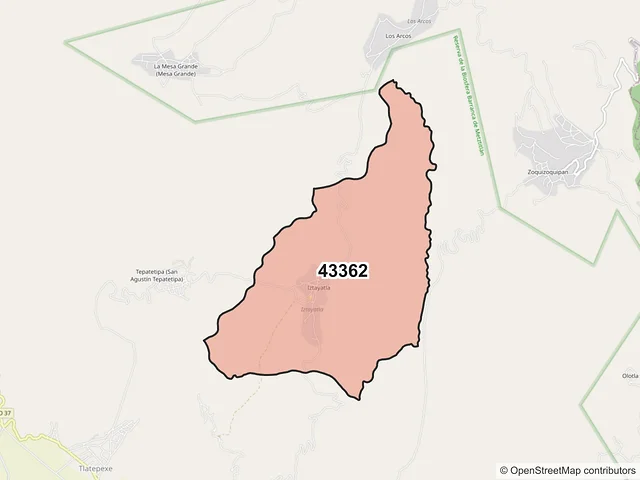Mapa del código postal 43362, Metztitlán, Hidalgo