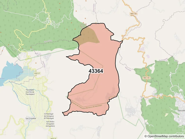 Mapa del código postal 43364, Metztitlán, Hidalgo