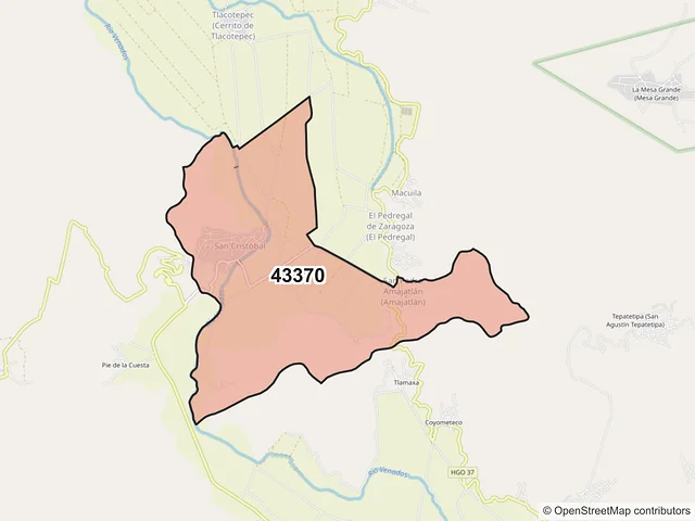 Mapa del código postal 43370, Metztitlán, Hidalgo