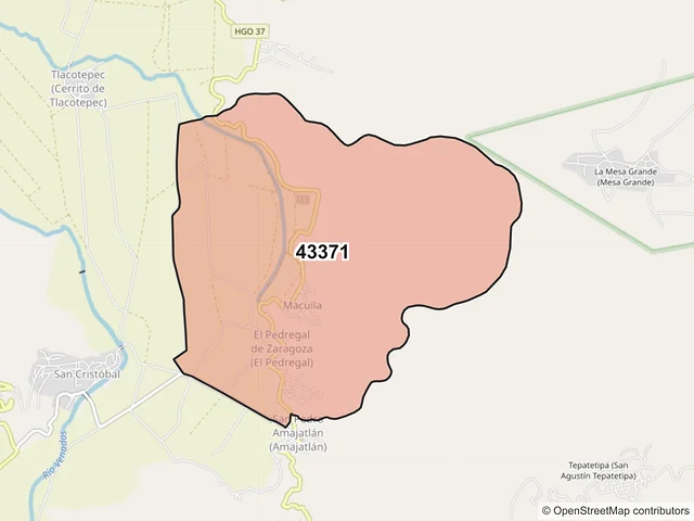 Mapa del código postal 43371, Metztitlán, Hidalgo