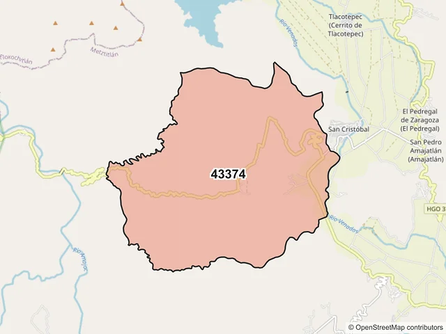 Mapa del código postal 43374, Metztitlán, Hidalgo