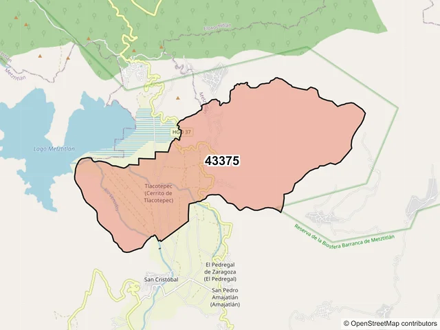 Mapa del código postal 43375, Metztitlán, Hidalgo