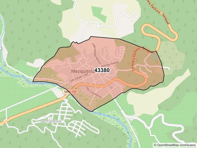 Mapa del código postal 43380, San Agustín Metzquititlán, Hidalgo