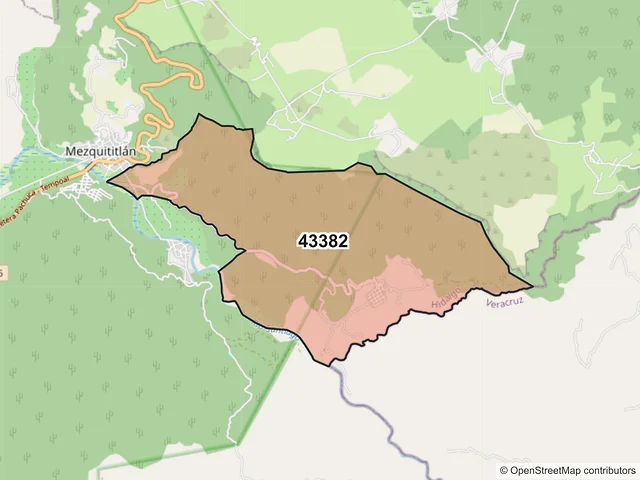 Mapa del código postal 43382, San Agustín Metzquititlán, Hidalgo