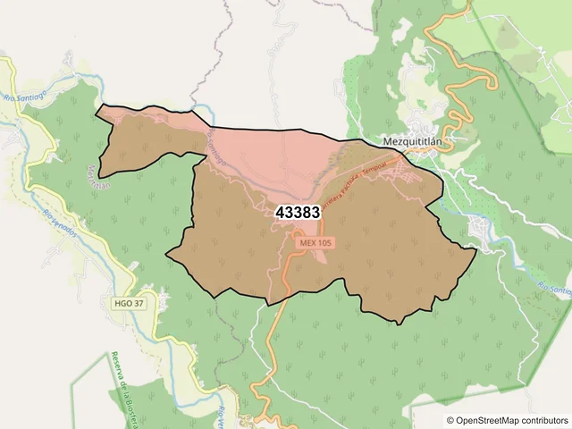 Mapa del código postal 43383, San Agustín Metzquititlán, Hidalgo