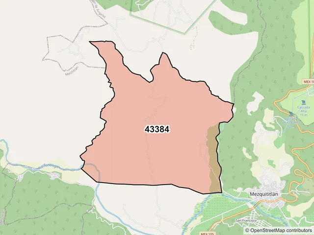 Mapa del código postal 43384, San Agustín Metzquititlán, Hidalgo
