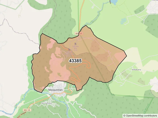 Mapa del código postal 43385, San Agustín Metzquititlán, Hidalgo