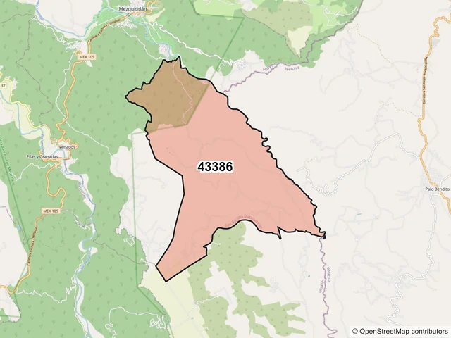 Mapa del código postal 43386, San Agustín Metzquititlán, Hidalgo