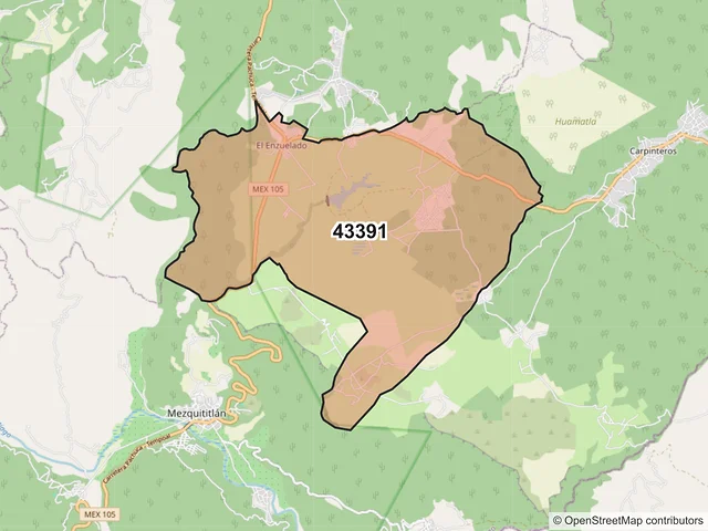 Mapa del código postal 43391, San Agustín Metzquititlán, Hidalgo