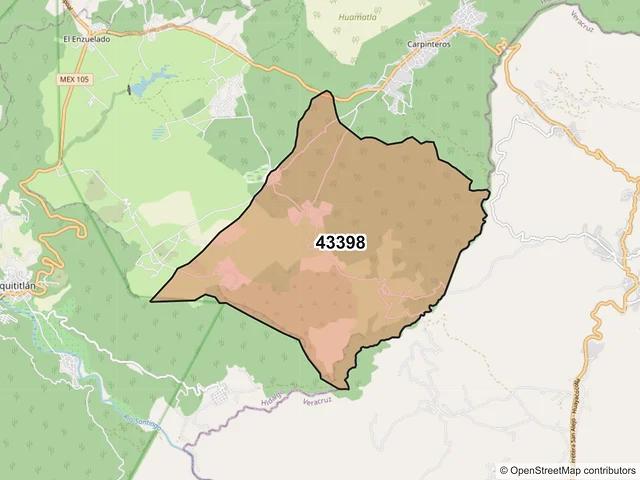 Mapa del código postal 43398, San Agustín Metzquititlán, Hidalgo