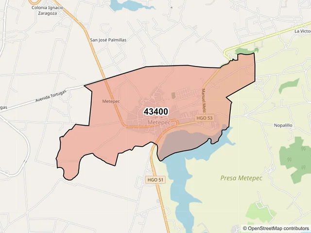 Mapa del código postal 43400, Metepec, Hidalgo