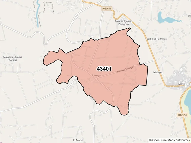 Mapa del código postal 43401, Metepec, Hidalgo