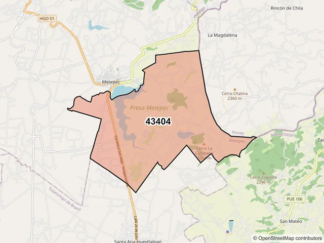 Mapa del código postal 43404, Metepec, Hidalgo