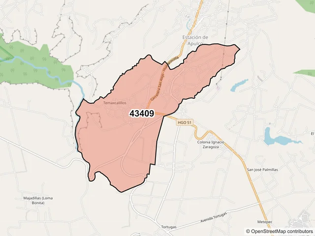 Mapa del código postal 43409, Metepec, Hidalgo