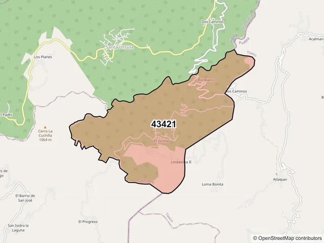 Mapa del código postal 43421, Huehuetla, Hidalgo