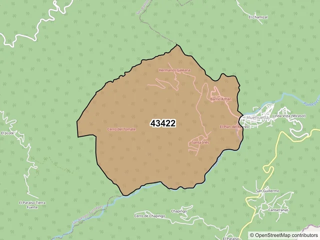 Mapa del código postal 43422, Huehuetla, Hidalgo
