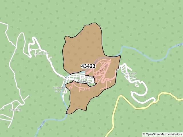 Mapa del código postal 43423, Huehuetla, Hidalgo