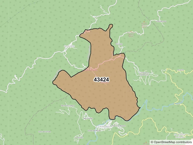 Mapa del código postal 43424, Huehuetla, Hidalgo