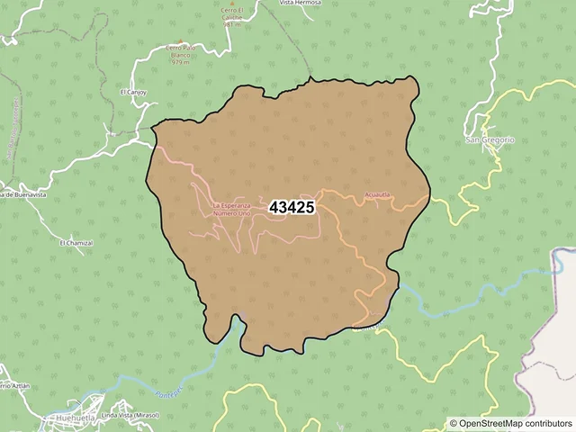 Mapa del código postal 43425, Huehuetla, Hidalgo