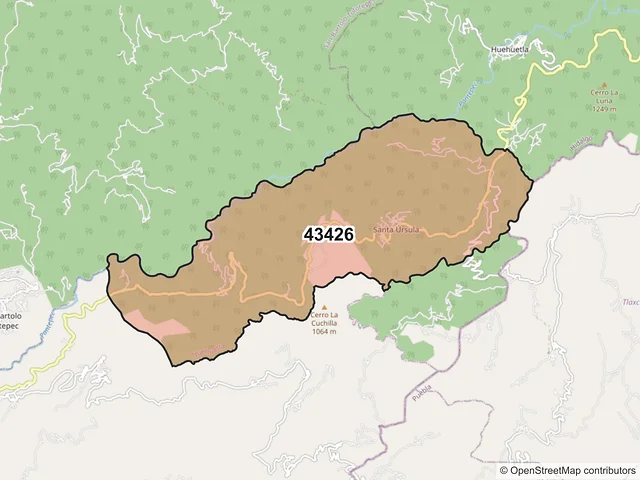 Mapa del código postal 43426, Huehuetla, Hidalgo
