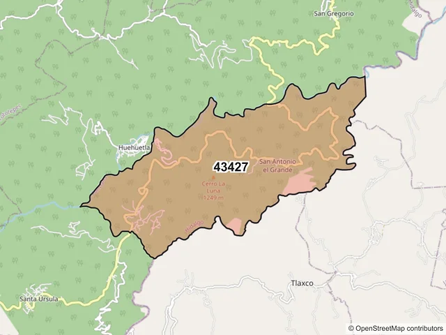 Mapa del código postal 43427, Huehuetla, Hidalgo