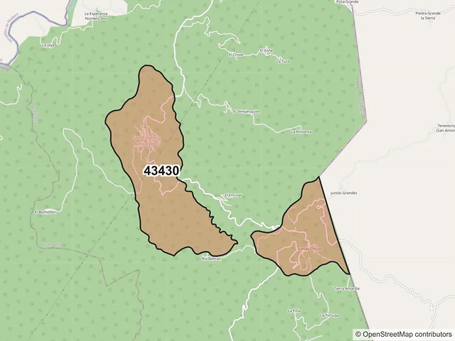 Mapa del código postal 43430, Huehuetla, Hidalgo