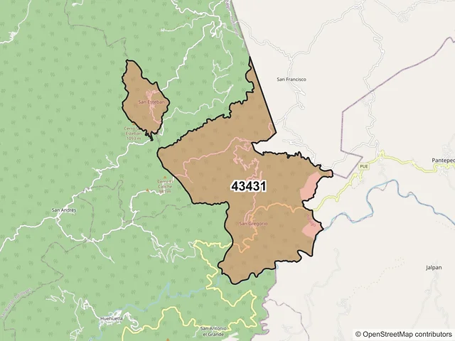 Mapa del código postal 43431, Huehuetla, Hidalgo