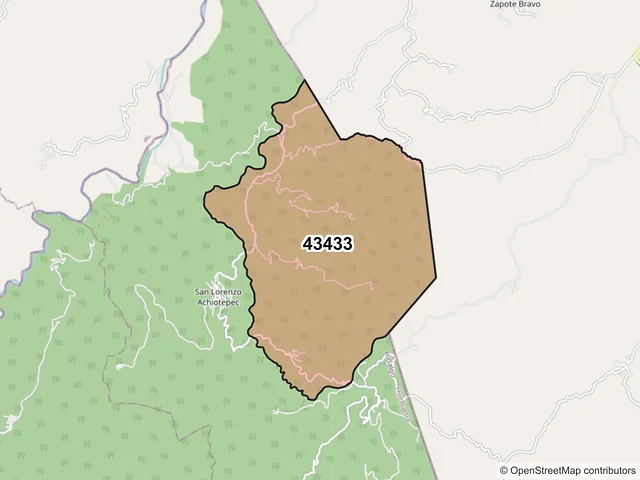 Mapa del código postal 43433, Huehuetla, Hidalgo