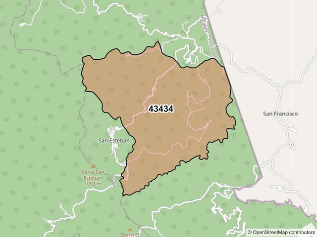 Mapa del código postal 43434, Huehuetla, Hidalgo