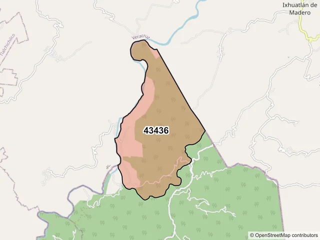 Mapa del código postal 43436, Huehuetla, Hidalgo