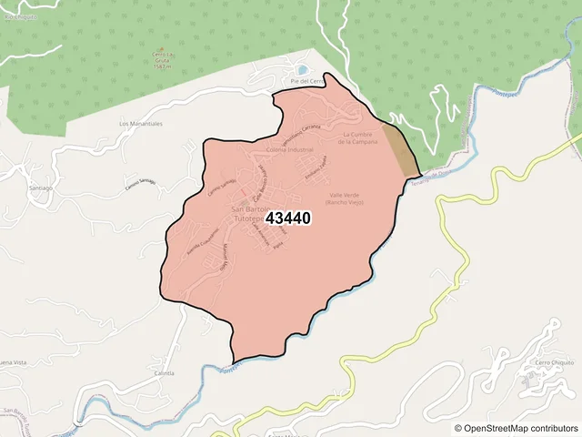 Mapa del código postal 43440, San Bartolo Tutotepec, Hidalgo