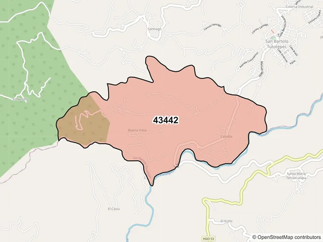 Mapa del código postal 43442, San Bartolo Tutotepec, Hidalgo