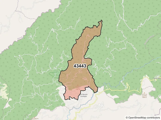 Mapa del código postal 43443, San Bartolo Tutotepec, Hidalgo