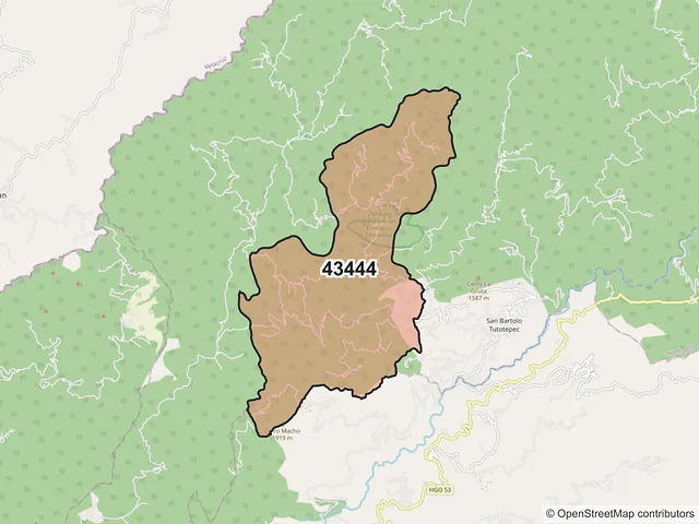 Mapa del código postal 43444, San Bartolo Tutotepec, Hidalgo