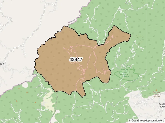 Mapa del código postal 43447, San Bartolo Tutotepec, Hidalgo