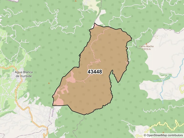 Mapa del código postal 43448, San Bartolo Tutotepec, Hidalgo