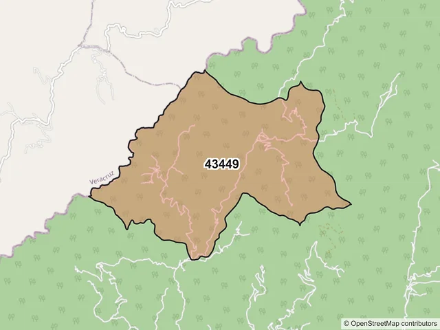 Mapa del código postal 43449, San Bartolo Tutotepec, Hidalgo