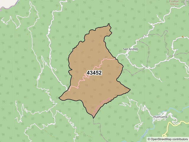 Mapa del código postal 43452, San Bartolo Tutotepec, Hidalgo
