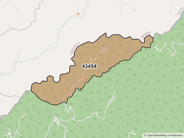 Mapa del código postal 43454, San Bartolo Tutotepec, Hidalgo