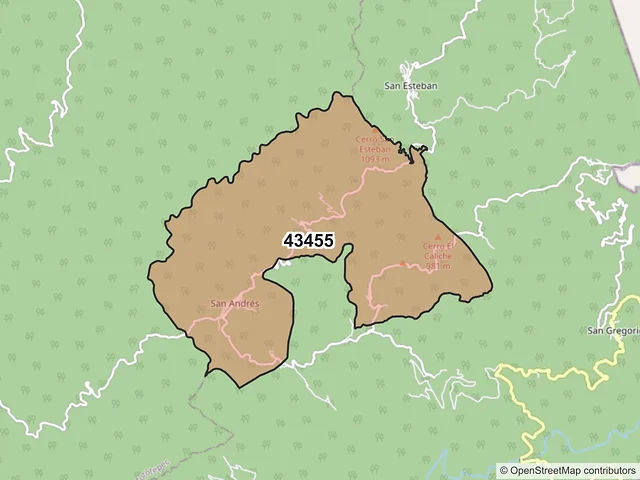 Mapa del código postal 43455, San Bartolo Tutotepec, Hidalgo
