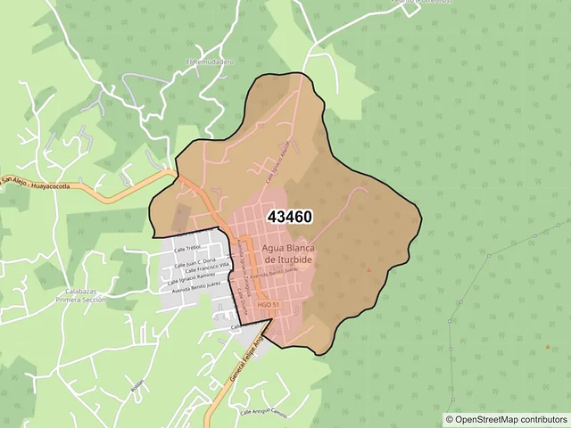 Mapa del código postal 43460, Agua Blanca de Iturbide, Hidalgo