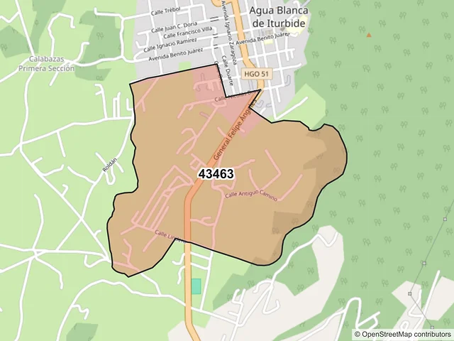 Mapa del código postal 43463, Agua Blanca de Iturbide, Hidalgo
