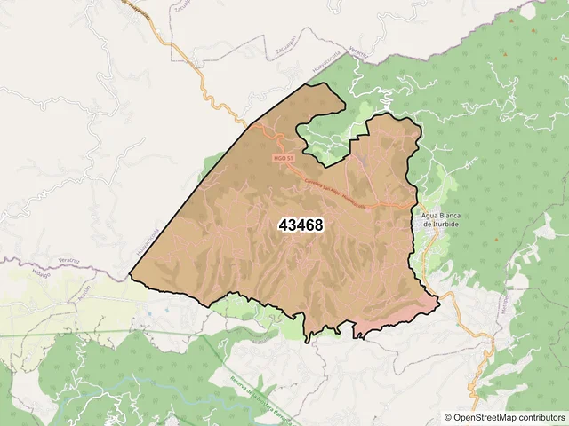 Mapa del código postal 43468, Agua Blanca de Iturbide, Hidalgo