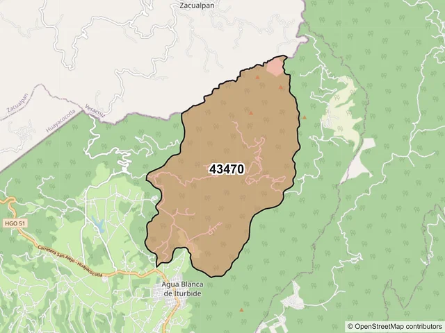 Mapa del código postal 43470, Agua Blanca de Iturbide, Hidalgo