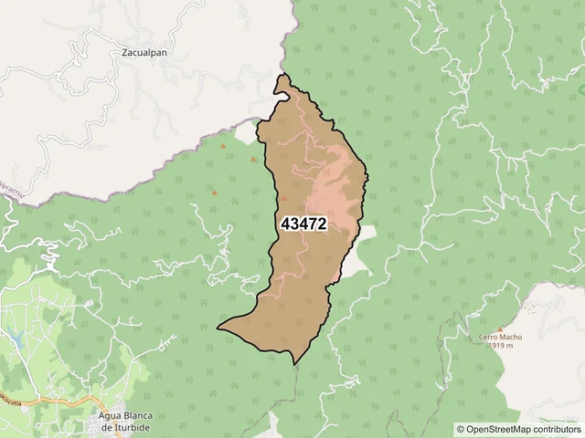 Mapa del código postal 43472, Agua Blanca de Iturbide, Hidalgo