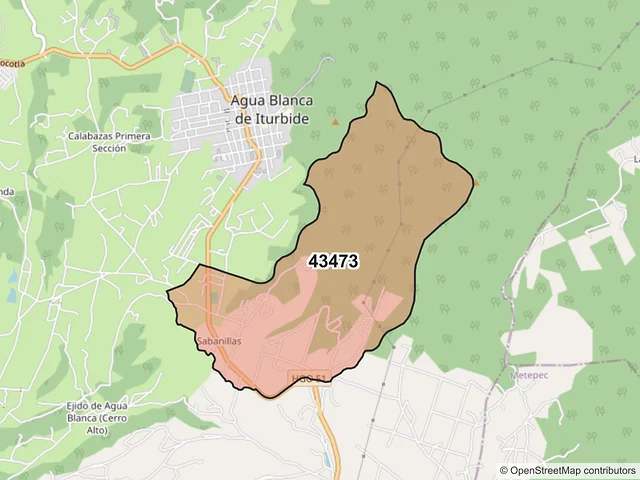 Mapa del código postal 43473, Agua Blanca de Iturbide, Hidalgo